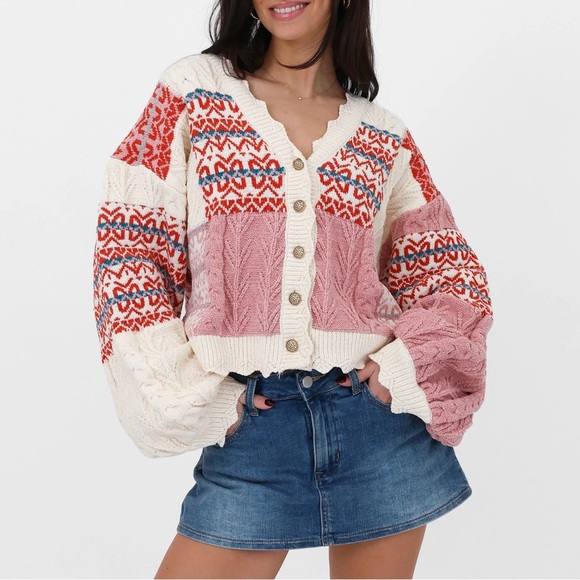 🧣 POL “ Blush Heritage “ Patchwork Cardigan | Pink & White - Picture 4 of 5